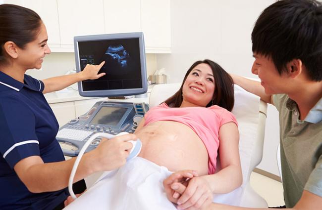 Image of a couple at a prenatal care appointment.