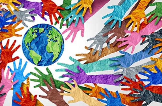 Graphic of different colored hands reaching toward the Earth.