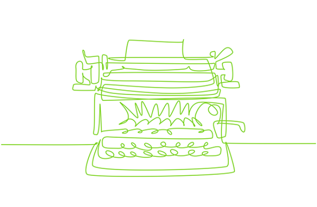 Lime green single line drawing of an old-fashioned typewriter with a sheet of paper in it