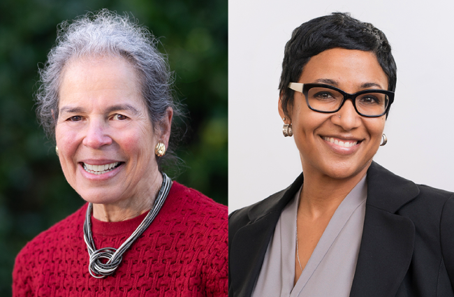 Dr. Nancy Adler, a smiling white woman with gray hair wearing a red sweater, and Dr. Amani Allen, a smiling Black woman with short dark hair wearing glasses and a blazer