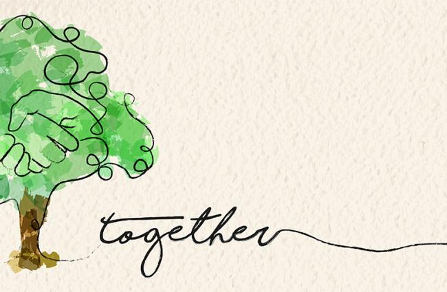 Watercolor of a tree with hands grasping each other in the leaves, the word together is written in cursive next to the tree