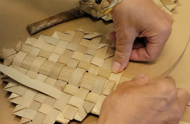 This image is of a lauhala fan being woven together by a woman. Lauhala is the leaf of the pandanus tree that is picked when dried, prepped, and woven together to make various things including mats, fans, ornaments, sails, etc. The team believes the interlocking of the leaves is similar to what we hope for with our project of weaving together Indigenous and western perinatal care in Hawaiʻi.