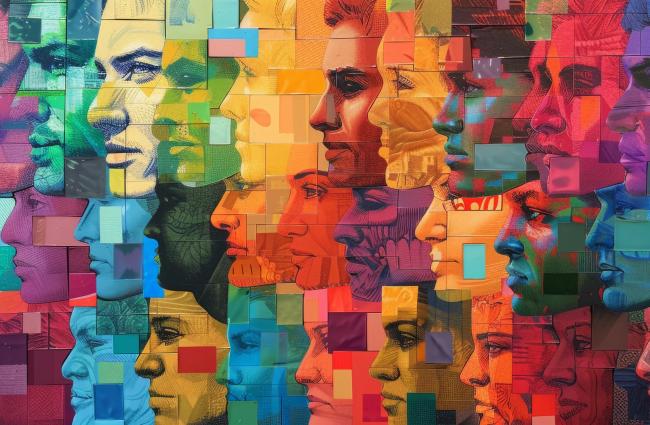 Colorful and abstract box texture of diverse shapes of side profile faces all facing toward the left