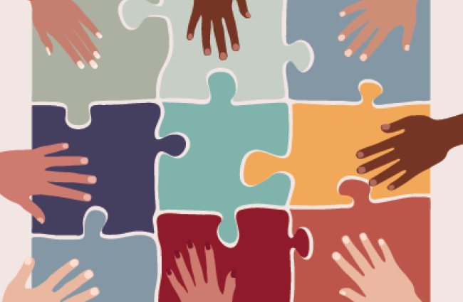 Illustration of hands putting pieces of a puzzle together, symbolizing collaboration and partnership