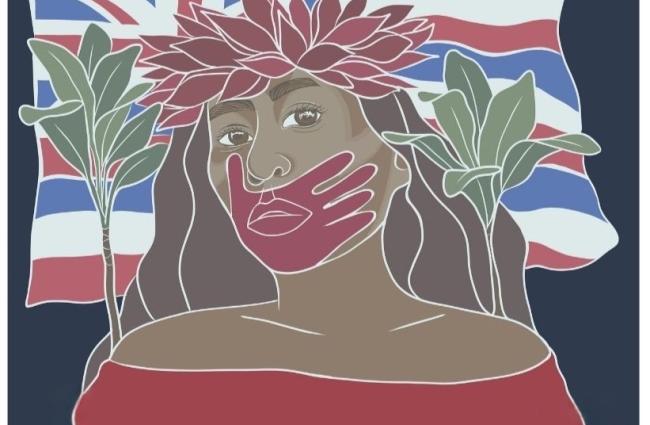Mural to depict the Missing and Murdered Native Hawaiian Women, Girls, Māhū movement, depicting a woman with a red hand imprinted over her mouth, painted by Kanaka ʻŌiwi wahine artist, Pineiki Lindsey