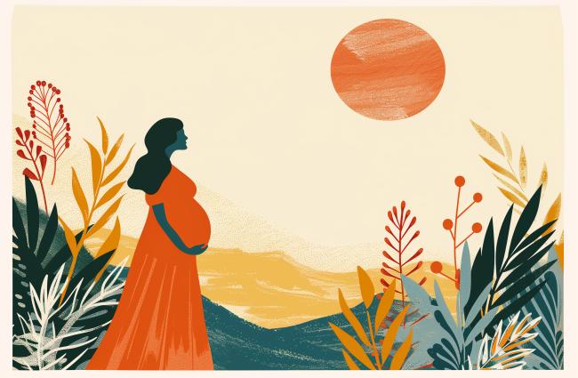 Illustration of a pregnant person with long hair standing in the grass with a sun in the background