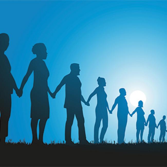 Image of a line of people holding hands - artistic rendering with shadowy figures.