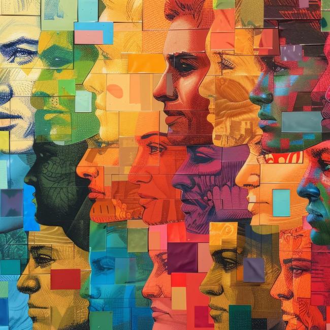 Colorful and abstract box texture of diverse shapes of side profile faces all facing toward the left