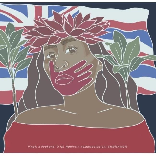 Mural to depict the Missing and Murdered Native Hawaiian Women, Girls, Māhū movement, depicting a woman with a red hand imprinted over her mouth, painted by Kanaka ʻŌiwi wahine artist, Pineiki Lindsey