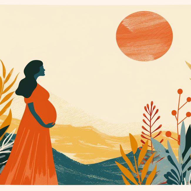 Illustration of a pregnant person with long hair standing in the grass with a sun in the background