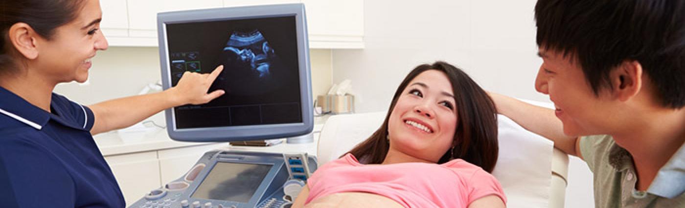 Image of a couple at a prenatal care appointment.