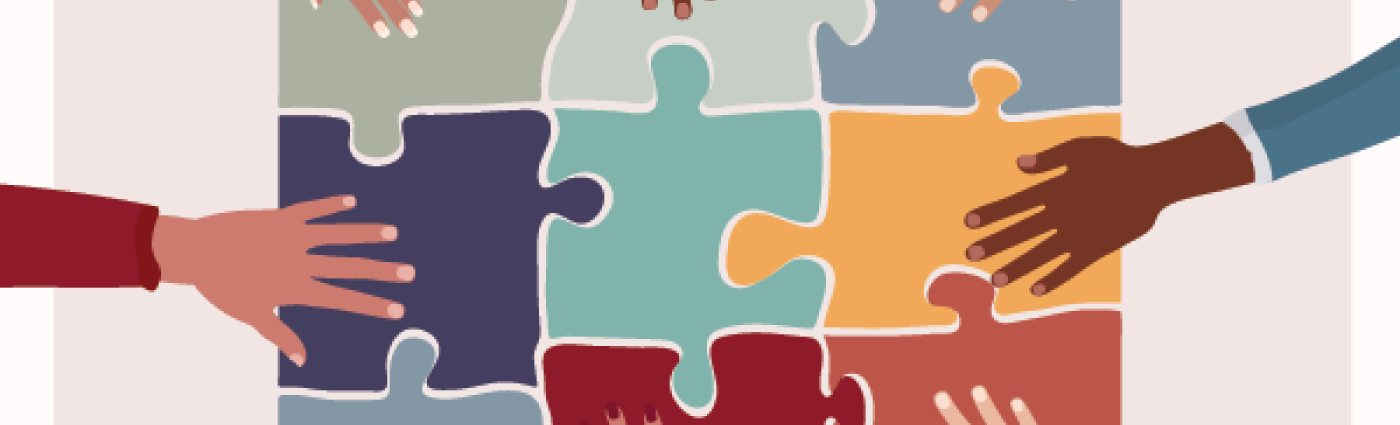 A 3x3 multicolored puzzle with eight diverse hands resting on each outside puzzle piece.