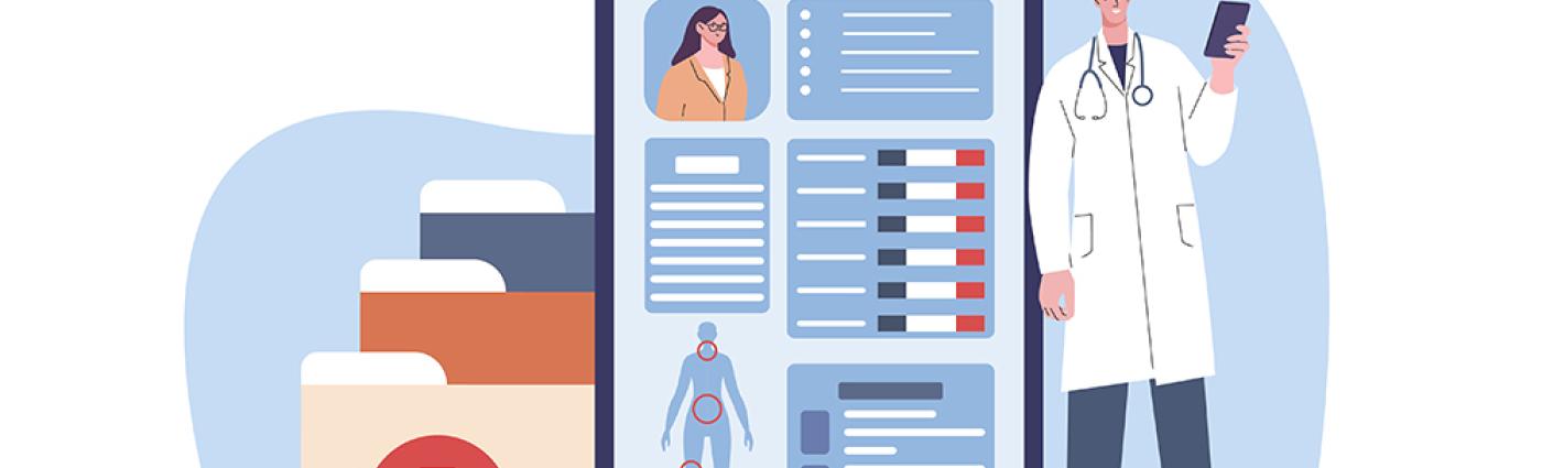 Illustration of a doctor next to a tablet that says "EHR system" and paper files