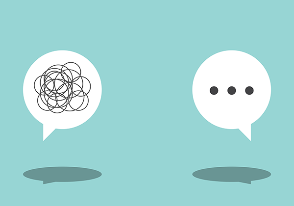 Illustration of conversation bubbles on a blue background. One conversation has overlapping circles, representing garbled text. The other has three periods, denoting lack of understanding.