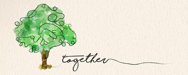 Watercolor of a tree with hands grasping each other in the leaves, the word together is written in cursive next to the tree