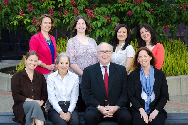 The Evidence for Action team, clockwise from top left: Erin Hagan, PhD, MBA; Stephanie Chernitskiy, Christine Phung, Jennifer Taggart, Maria Glymour, ScD, MS; David Vlahov, RN, PhD; Nancy Adler, PhD; and Laura Gottlieb, MD, MPH. Photo by Marco Sanchez