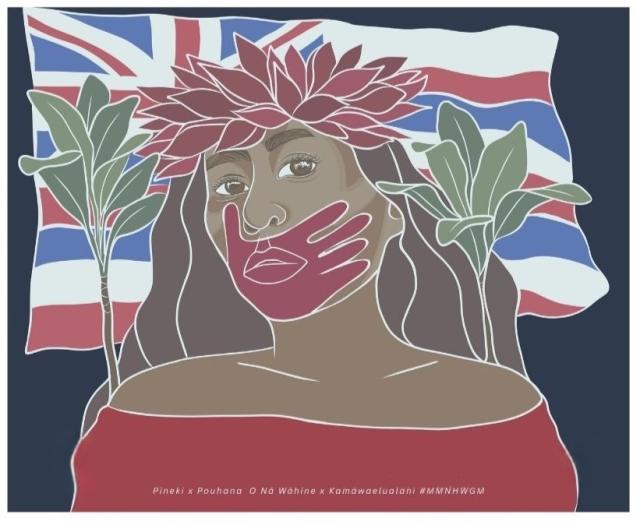 Mural to depict the Missing and Murdered Native Hawaiian Women, Girls, Māhū movement, depicting a woman with a red hand imprinted over her mouth, painted by Kanaka ʻŌiwi wahine artist, Pineiki Lindsey