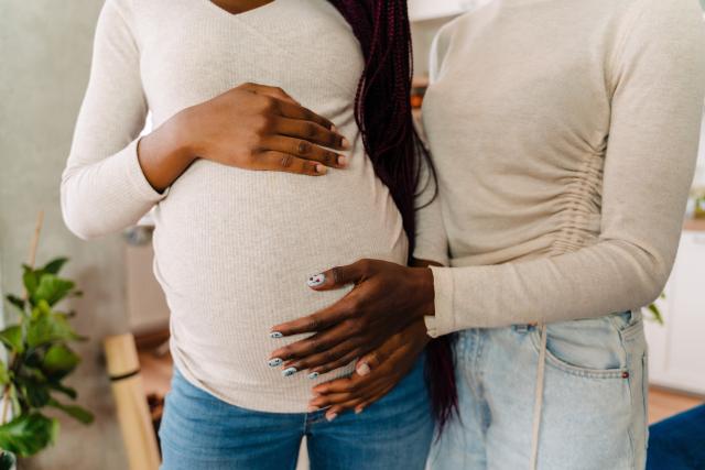 An LGBTQ+ couple that shows from the chest down to the waist, holding each other while one is pregnant