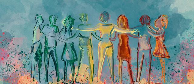 colorful illustration of people with their arms around each other