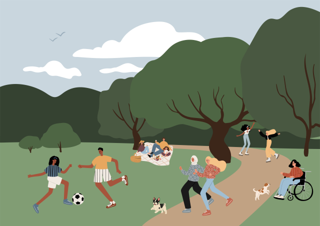 Healthy community illustration of people of varying abilities playing at a park with a lot of green space and trees