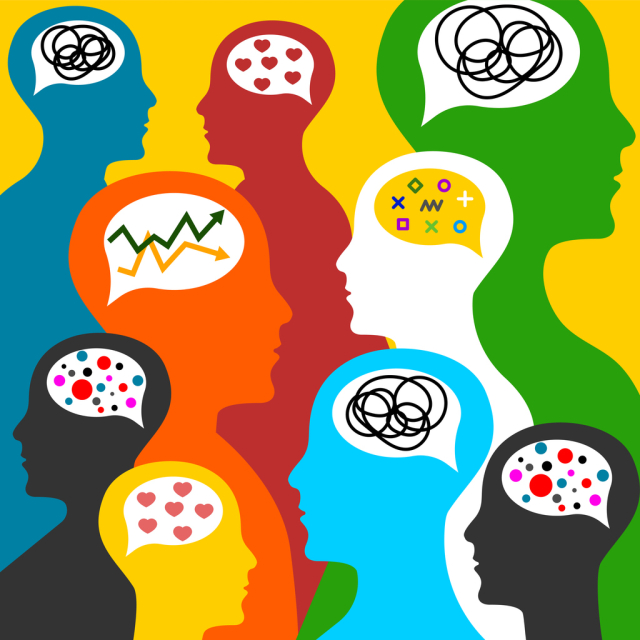 illustration of abstract silhouette of colorful heads with comment bubbles with symbols inside them where the brain would be