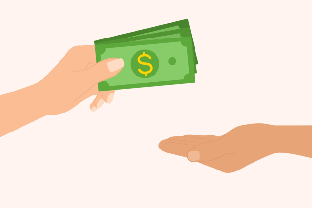 Illustration of a hand giving money to another outstretched hand