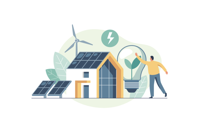 Illustration of a house with solar panels and solar wind mills with a person standing outside pointing toward them