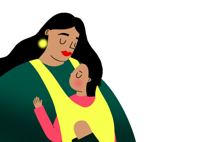 Illustration that has abstract features of a mother holding their baby