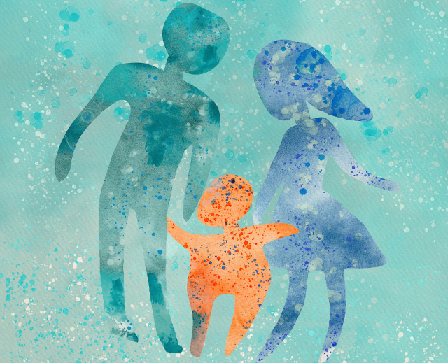 Watercolor-like illustration of the silhouette of a nuclear family - the parents are shades of blue, and the baby is orange