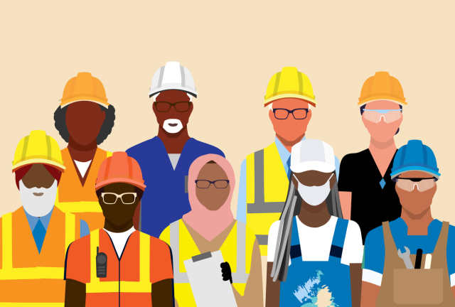 Illustration of diverse headshots of outdoor workers with no faces