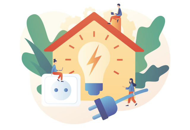 Illustration of a house with various symbols representing utilities like electricity and water