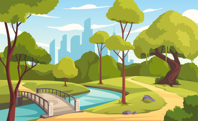 Illustration of a sunny day at a green park with trees and a bridge going over a stream and in the foreground is a city skyline